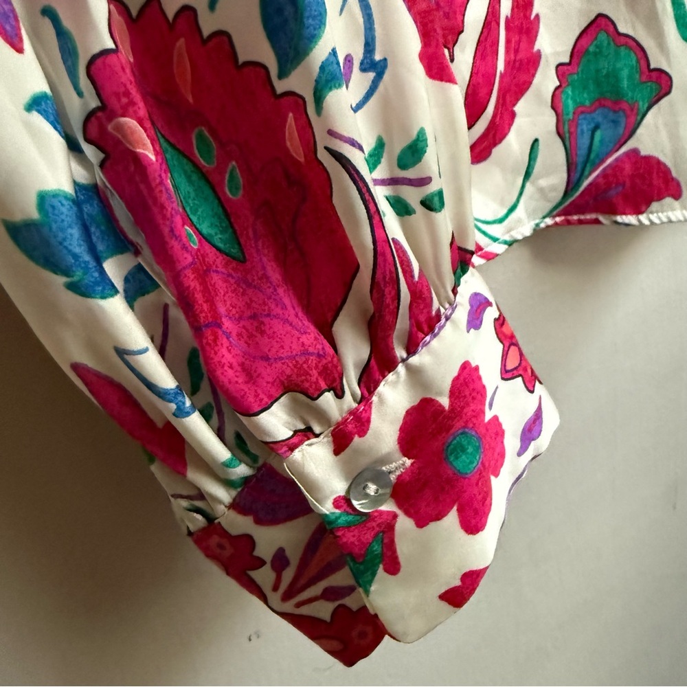 Zara Floral Print Button Down Blouse White Hot Pink Blue Retro Size Small - Picture 4 of 9